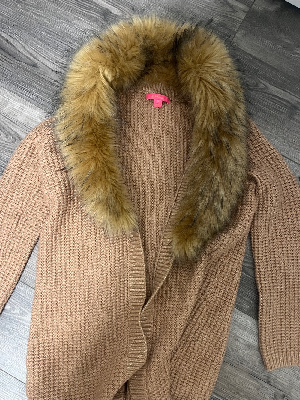 Lilly Pulitzer Tan Knit Teddy Jacket with Faux Fur Trim medium worn once